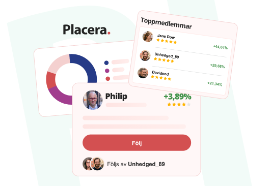 Illustration av ett Nya Placera där användare kan följa andra medlemmars portföljer, se avkastning och upptäcka topprankade investerare.