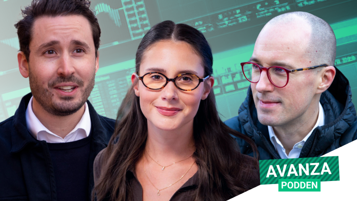 Philip och Aleksander är i mitten av bilden, mot en bakgrund med data och staplar. I hörnet ligger Ekonomipoddens logga.